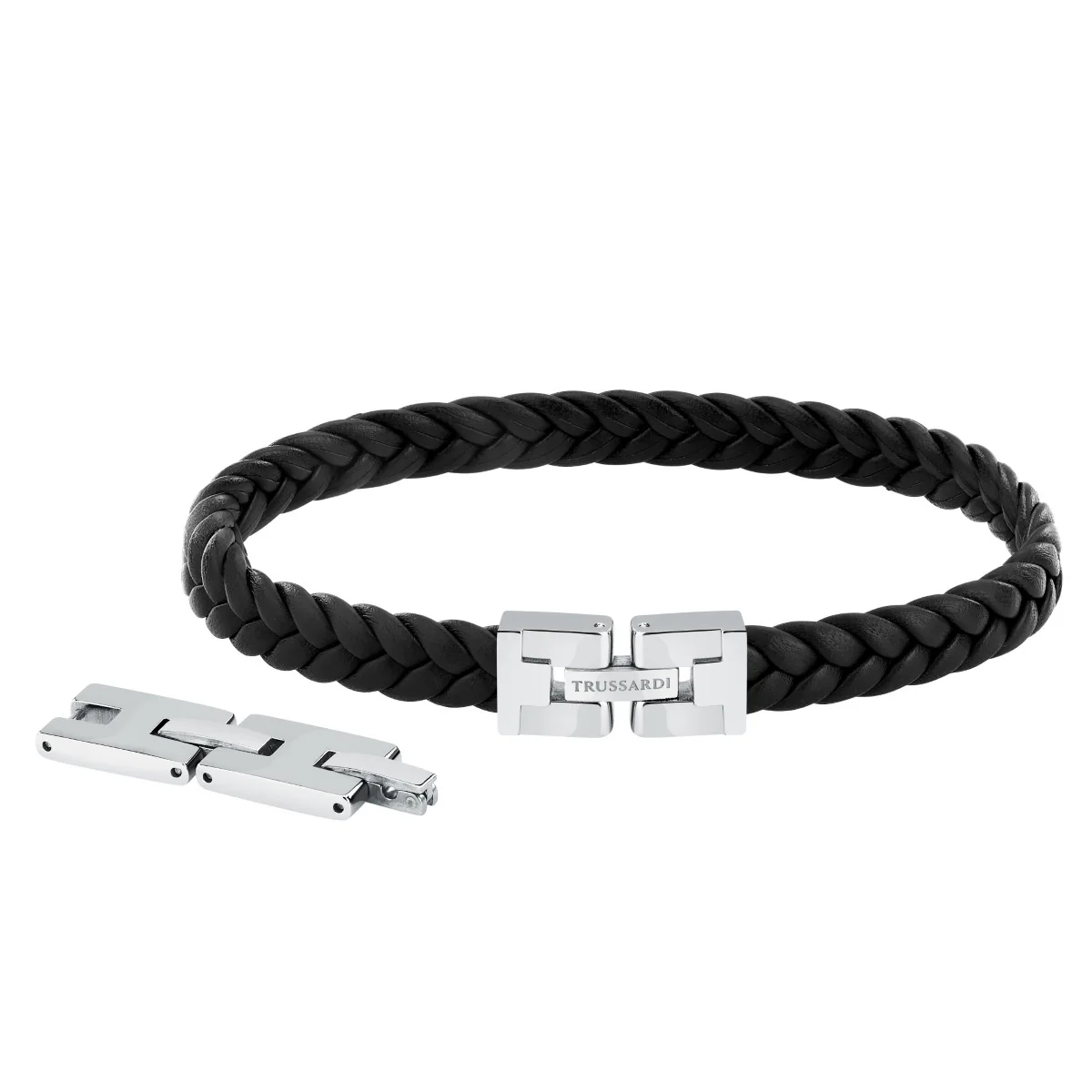 Bransoletka stalowa z czarną skórą - Trussardi T - Leather