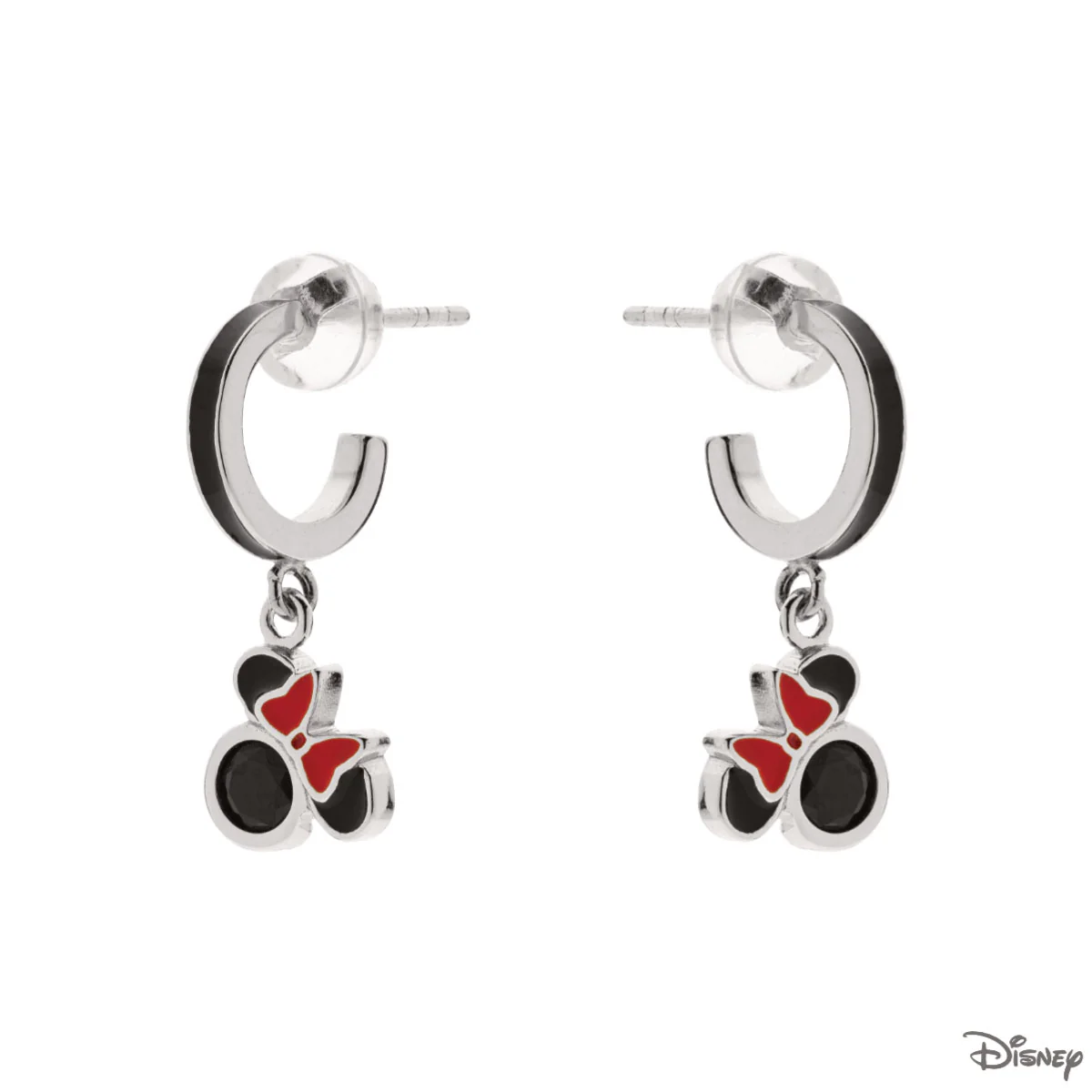 Kolczyki srebrne wiszące z czarną emalią - Myszka Minnie - Disney