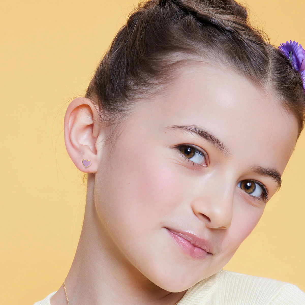 Kolczyki złote z różową emalią - serca - Bambini - Image 2